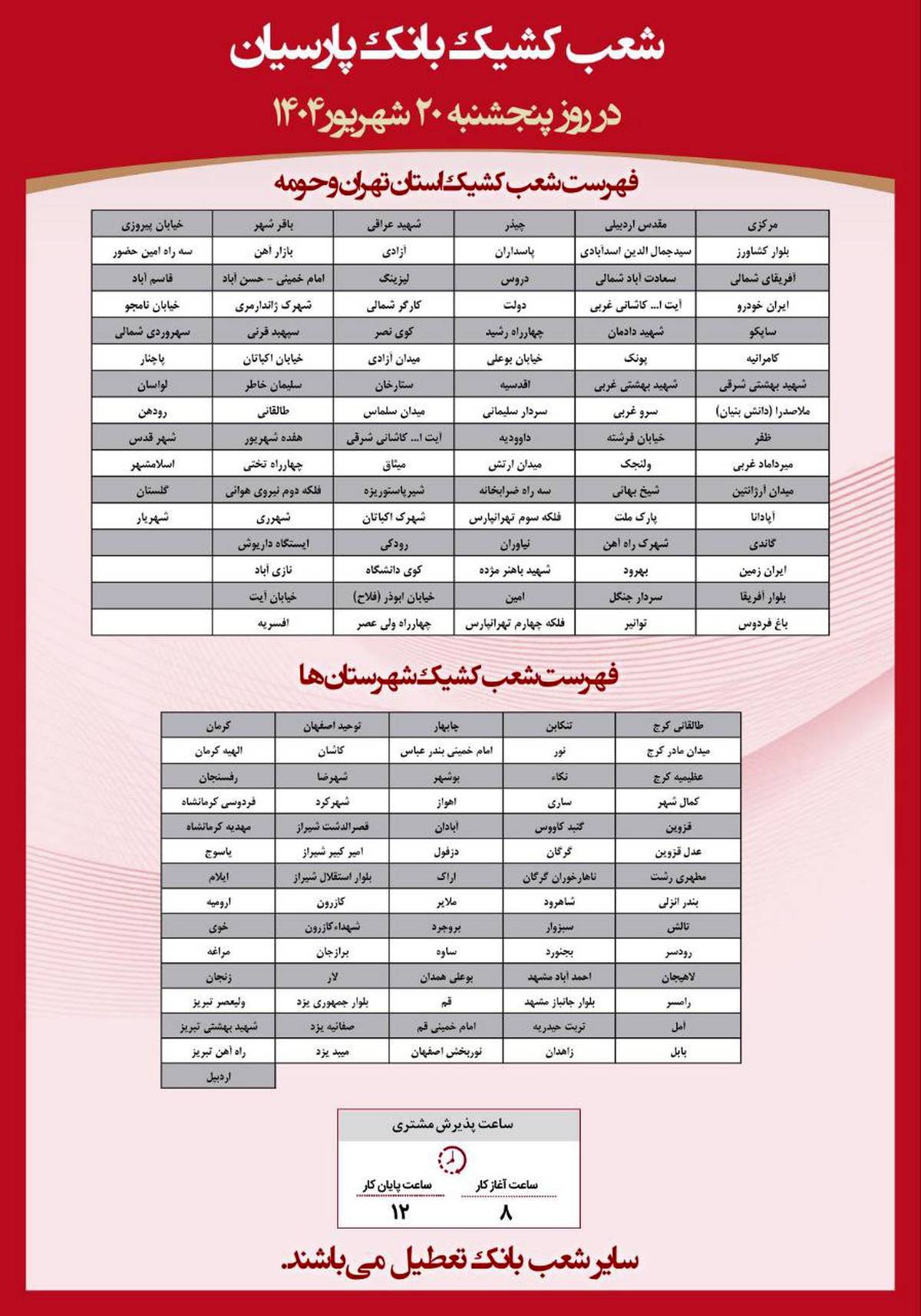  فهرست شعب کشیک بانک پارسیان در روز پنج‌شنبه مورخ ۲۰ شهریورماه