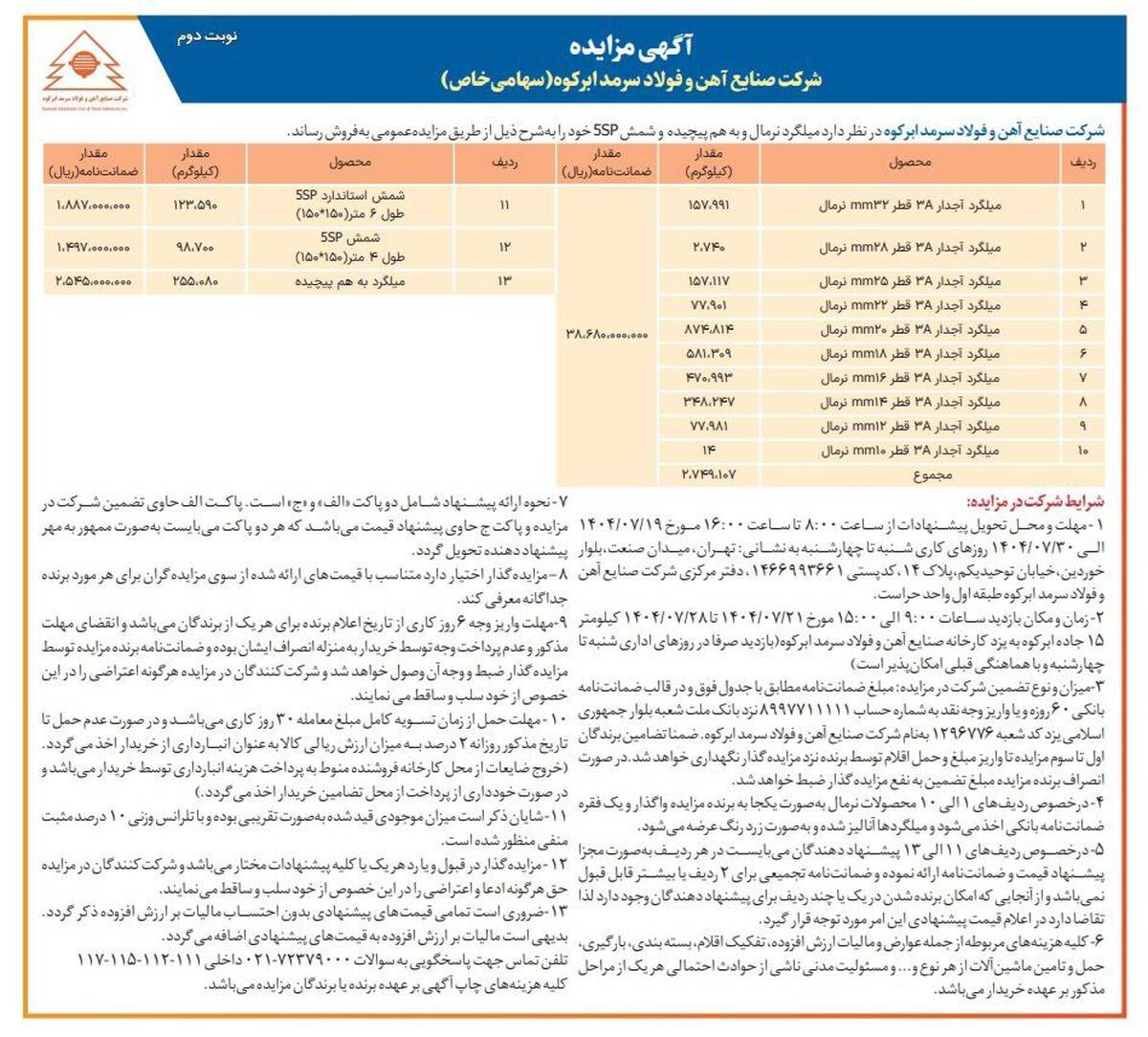  آگهی مزایده عمومی فولاد سرمد ابرکوه 
