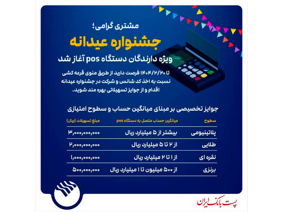 جشنواره عیدانه باشگاه مشتریان پست بانک ایران ویژه دارندگان دستگاه پوز با جوایز ویژه آغاز شد