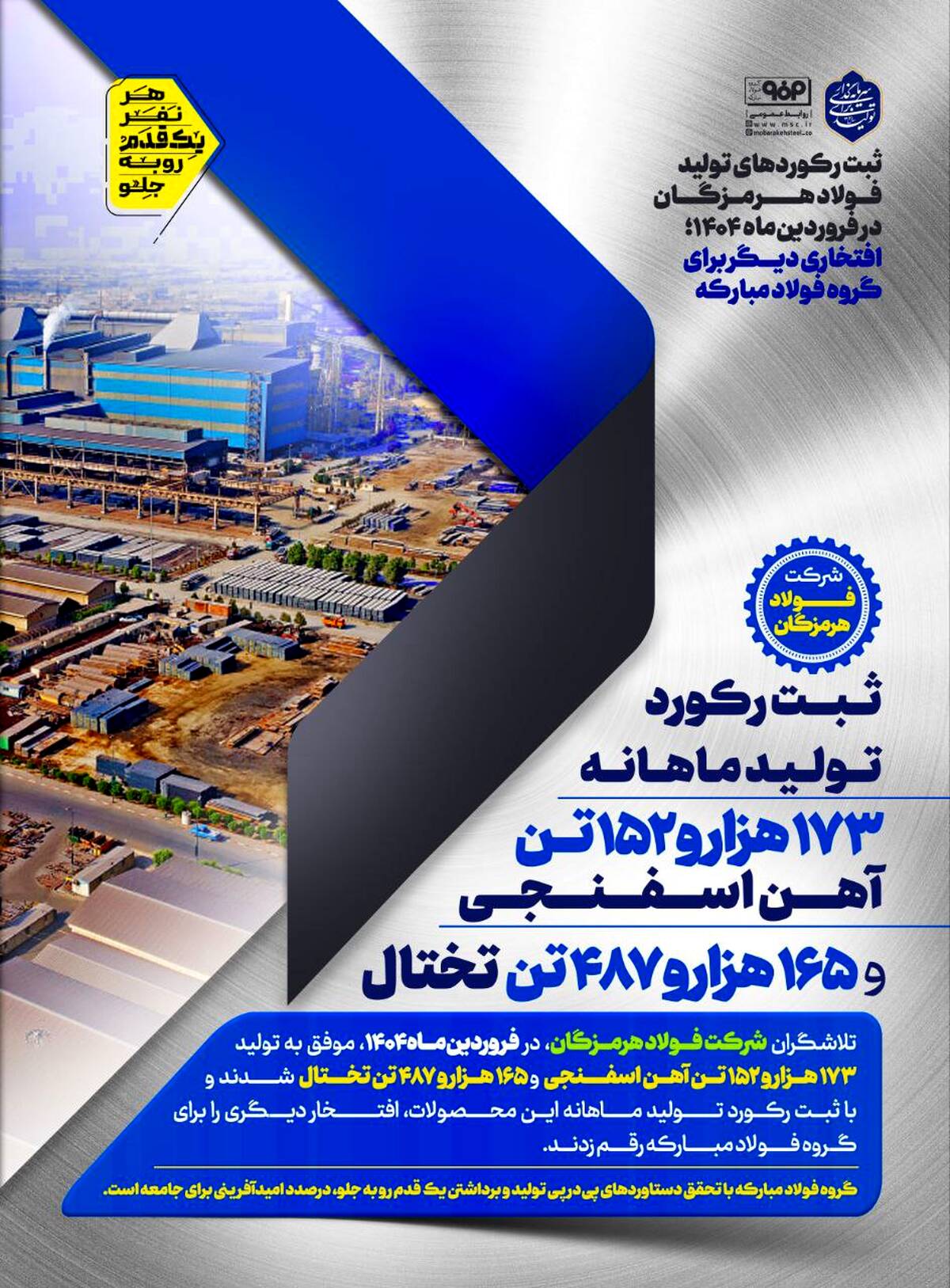 ثبت رکوردهای تولید فولاد هرمزگان در فروردین‌ماه؛ افتخاری دیگر برای گروه فولاد مبارکه