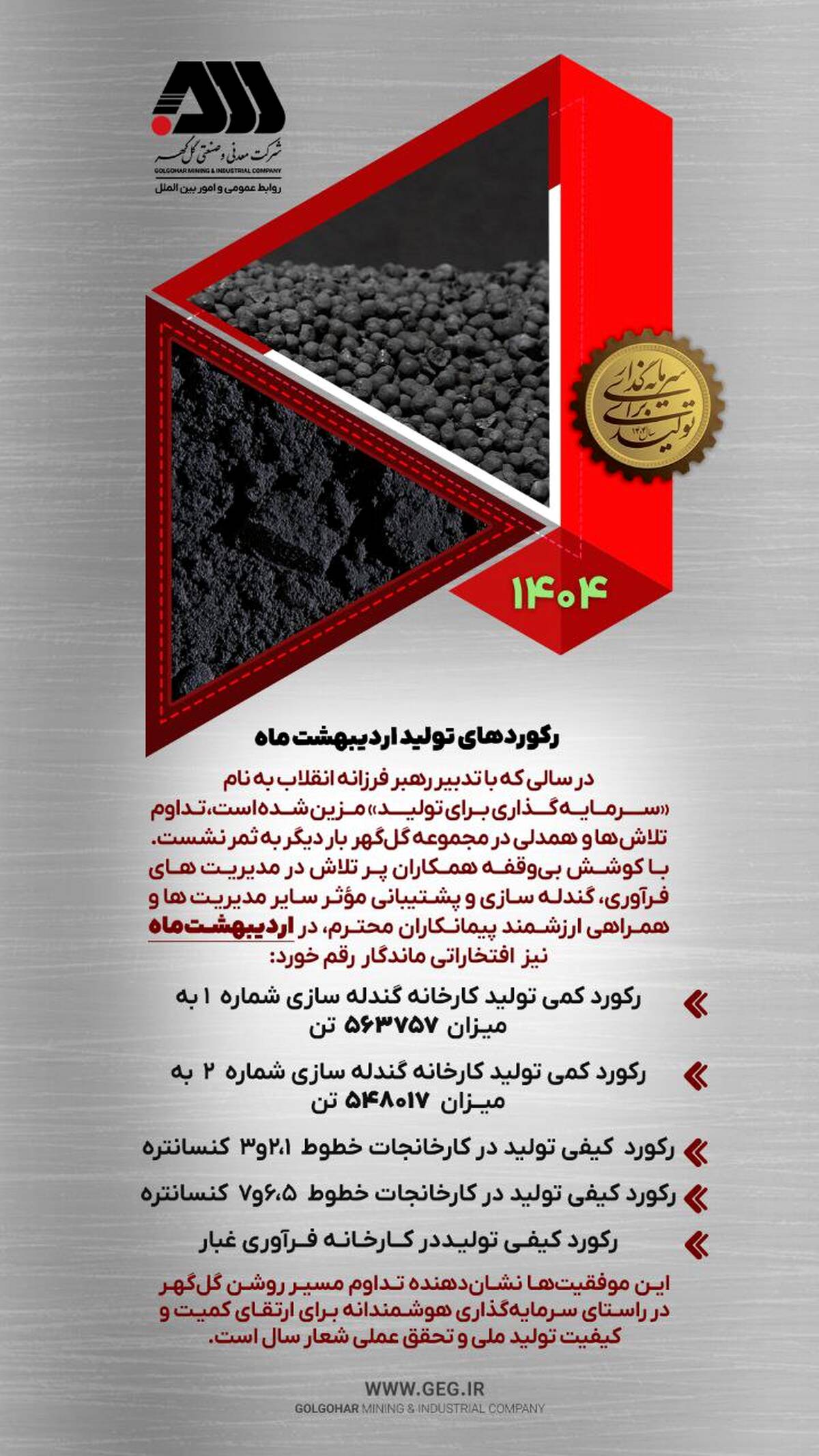 رکوردهای تولیدی اردیبهشت ماه ۱۴۰۴ شرکت معدنی و صنعتی گل گهر