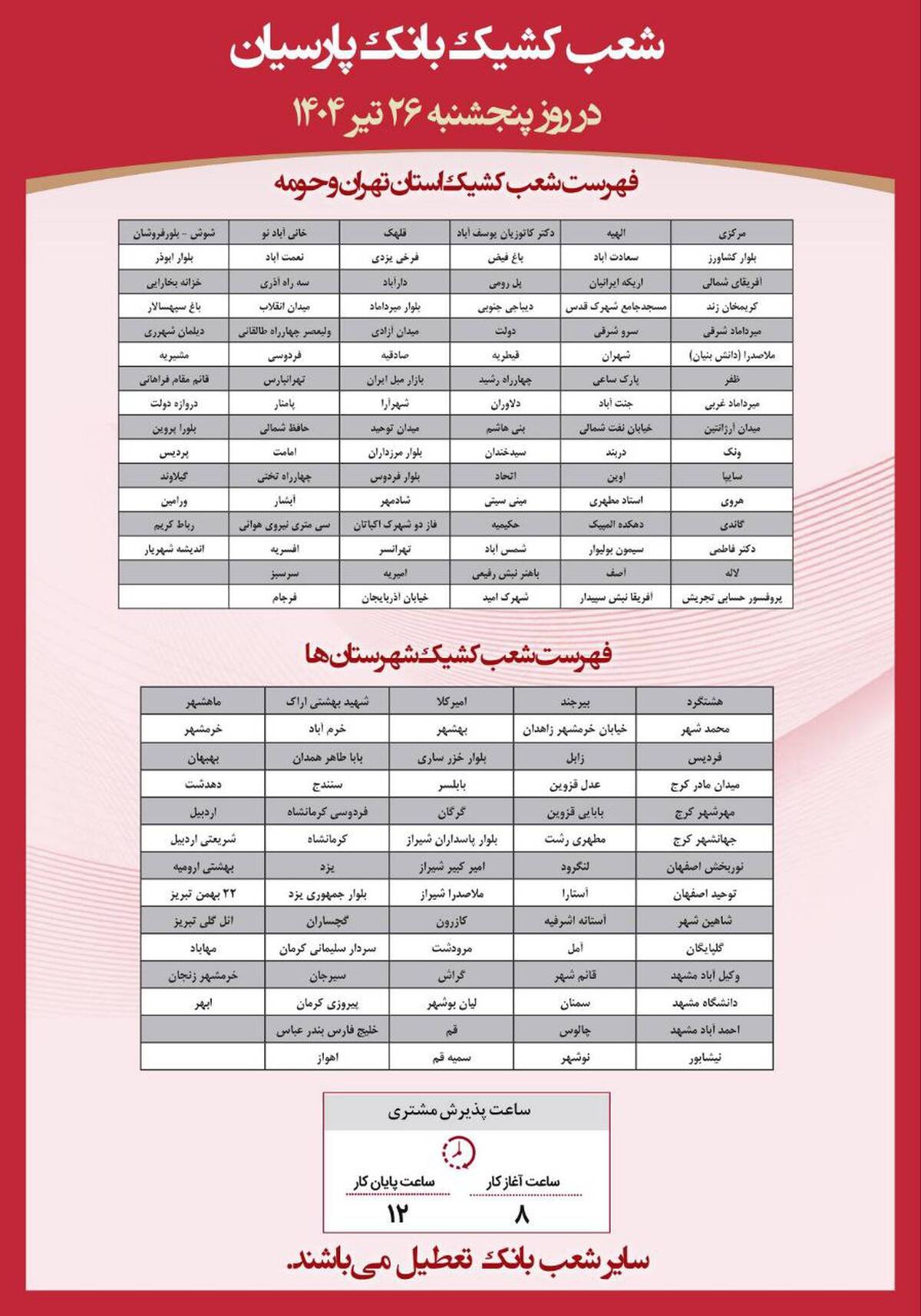  فهرست شعب کشیک بانک پارسیان در روز پنج‌شنبه مورخ ۲۶ تیرماه