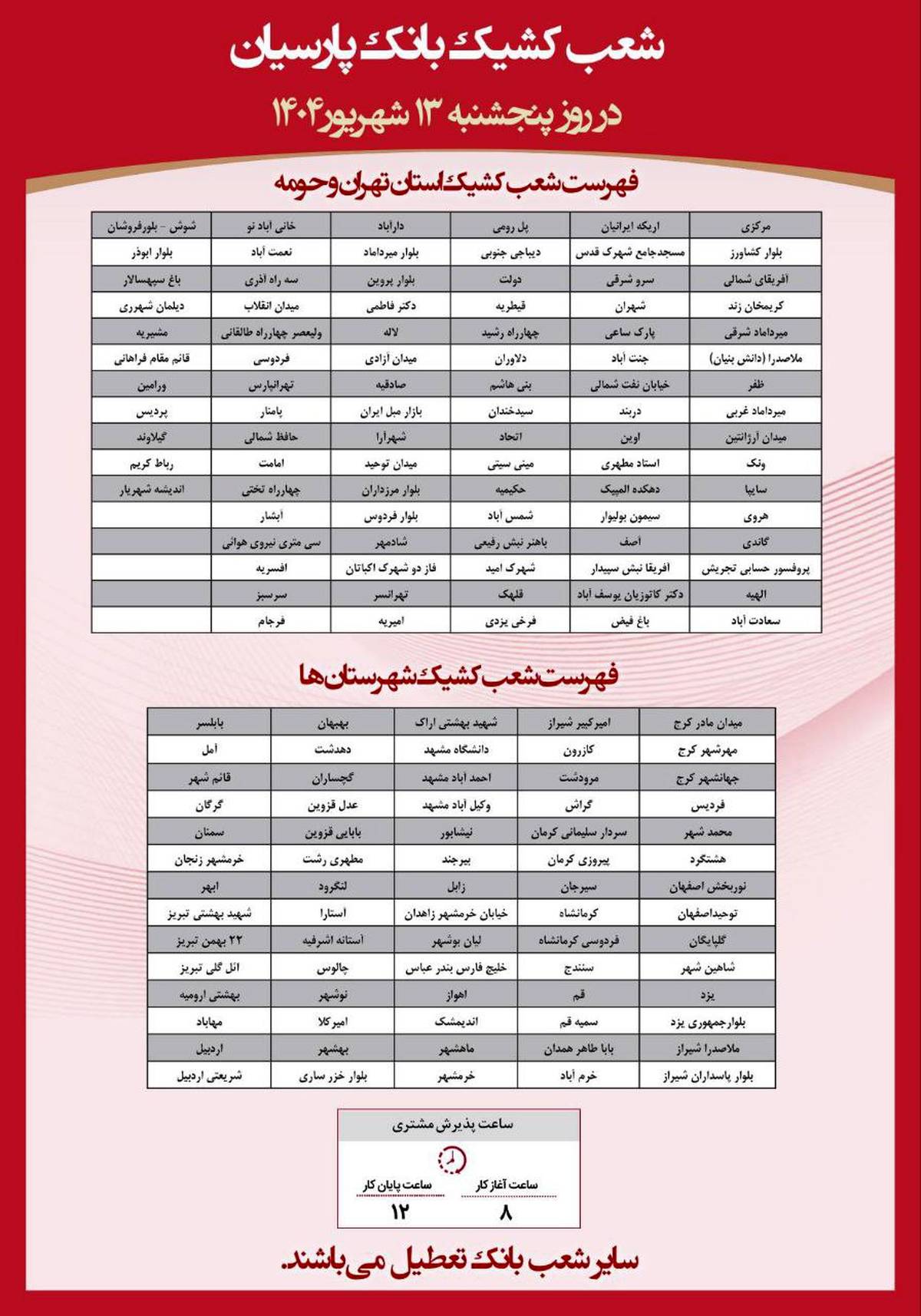 فهرست شعب کشیک بانک پارسیان در روز پنج‌شنبه مورخ ۱۳ شهریورماه
