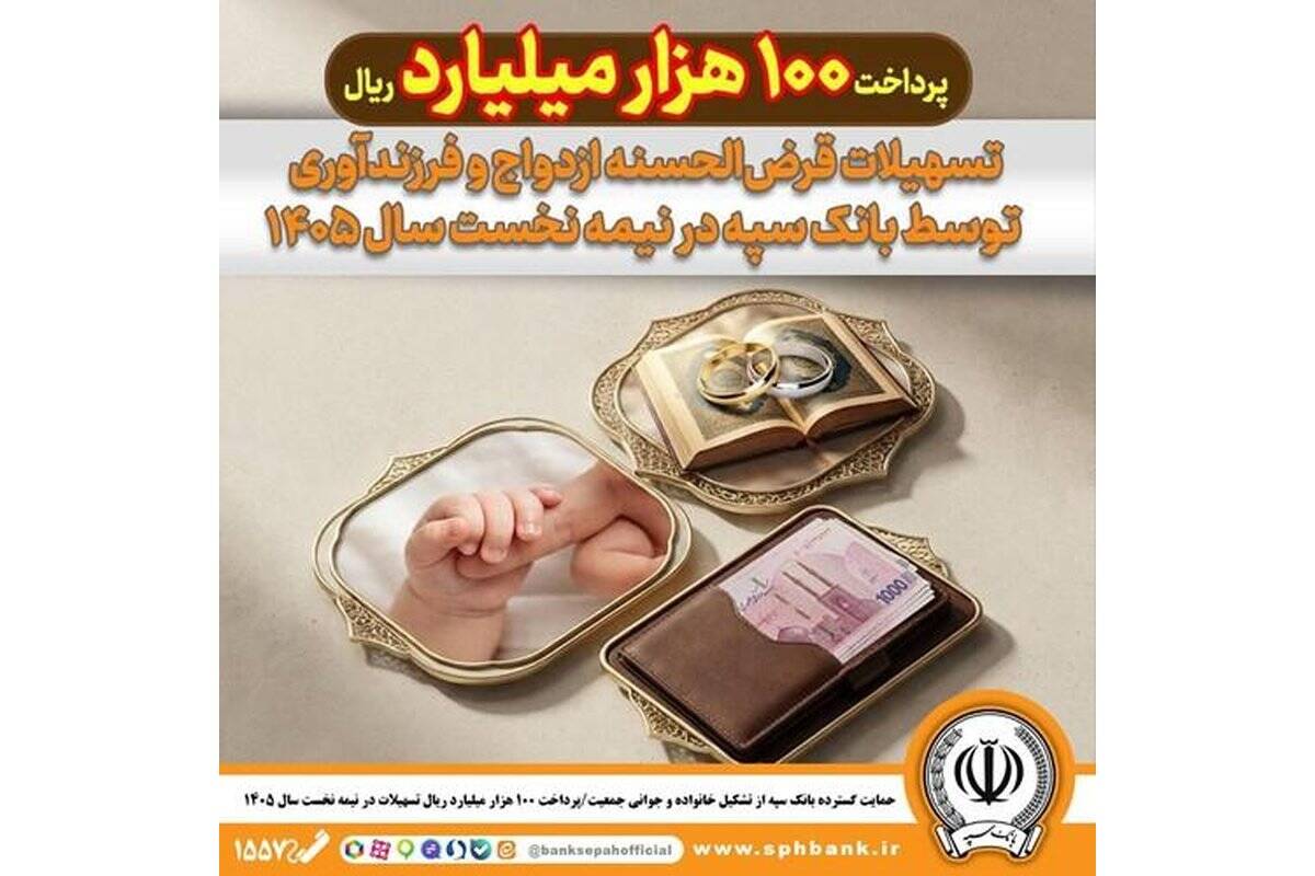 حمایت گسترده بانک سپه از تشکیل خانواده و جوانی جمعیت/پرداخت ۱۰۰ هزار میلیارد ریال تسهیلات در نیمه نخست سال ۱۴۰۵