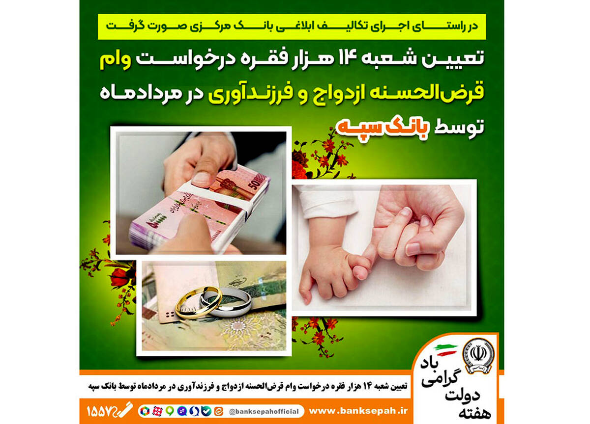 تعیین شعبه 14 هزار فقره درخواست وام‌ قرض‌الحسنه ازدواج و فرزندآوری در مرداد‌ماه توسط بانک سپه