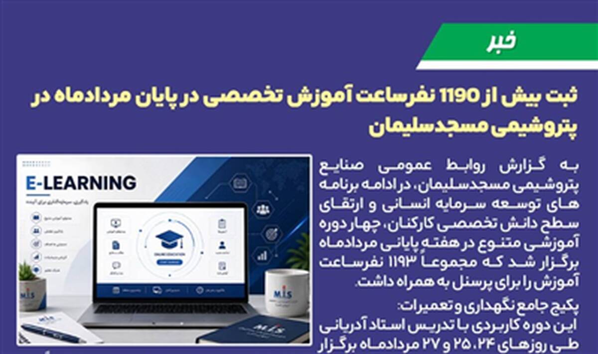 ثبت بیش از ۱۱۹۰ نفرساعت آموزش تخصصی در پایان مردادماه در پتروشیمی مسجدسلیمان
