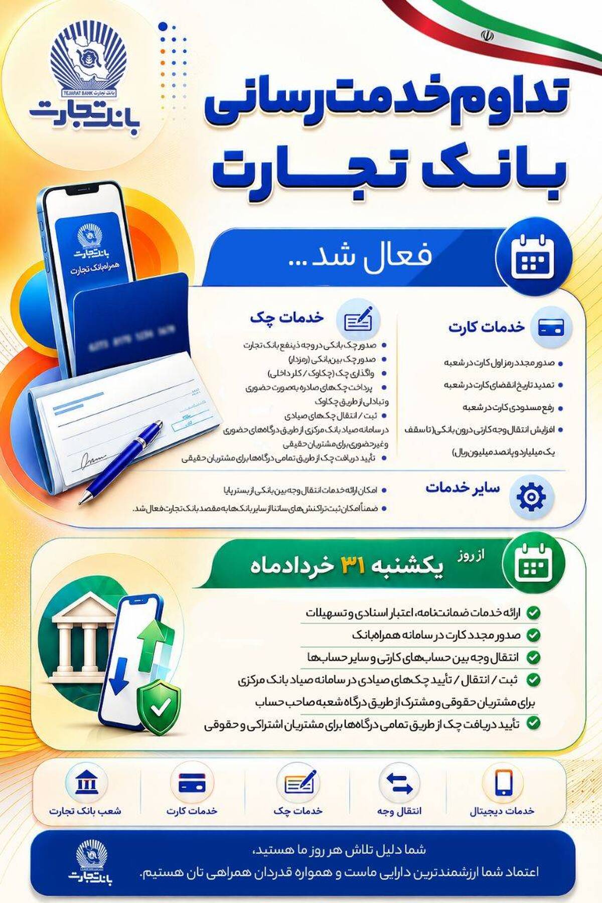 خدمات کلیدی بانک تجارت فعال شد / تداوم خدمت‌رسانی بانک تجارت؛ بازگشت تدریجی خدمات کلیدی بانکی