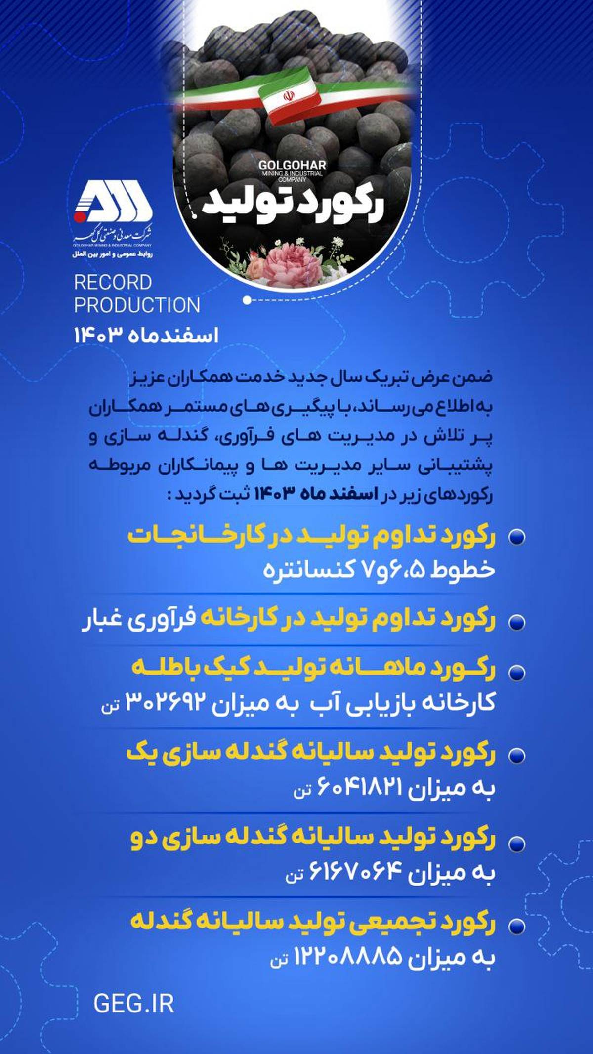رکورد تولید در هفته اول ۱۴۰۴ در شرکت معدنی و صنعتی گل‌گهر